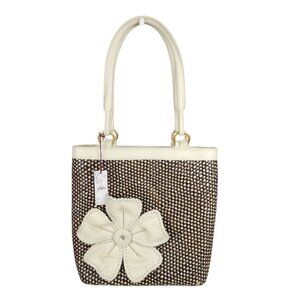 NWT INGE CHRISTOPHER Tote Bag Brown Ivory Woven Flower Applique Double Strap